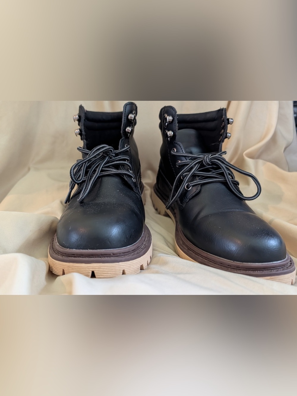Men's Black Leather Work Boots with Light Brown Lug Sole